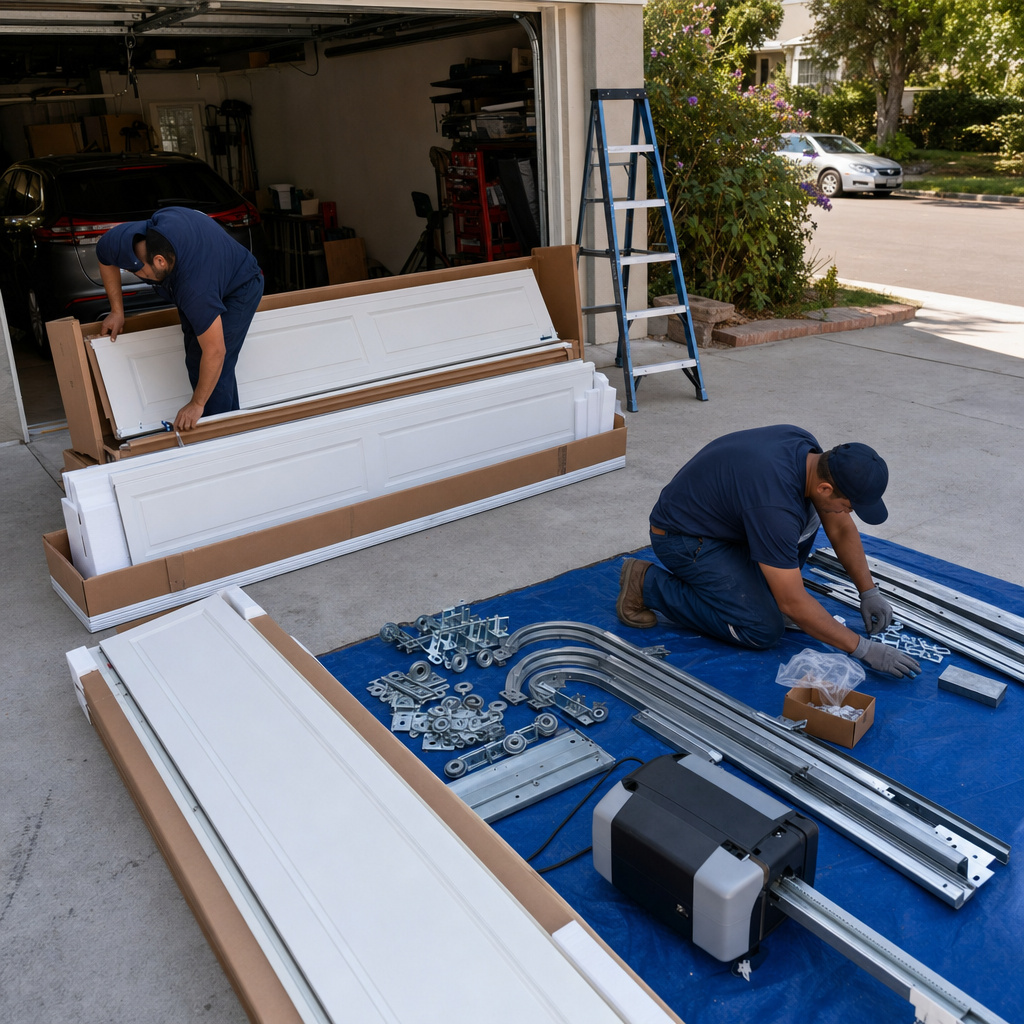 Garage door installation being performed by a professional installer.