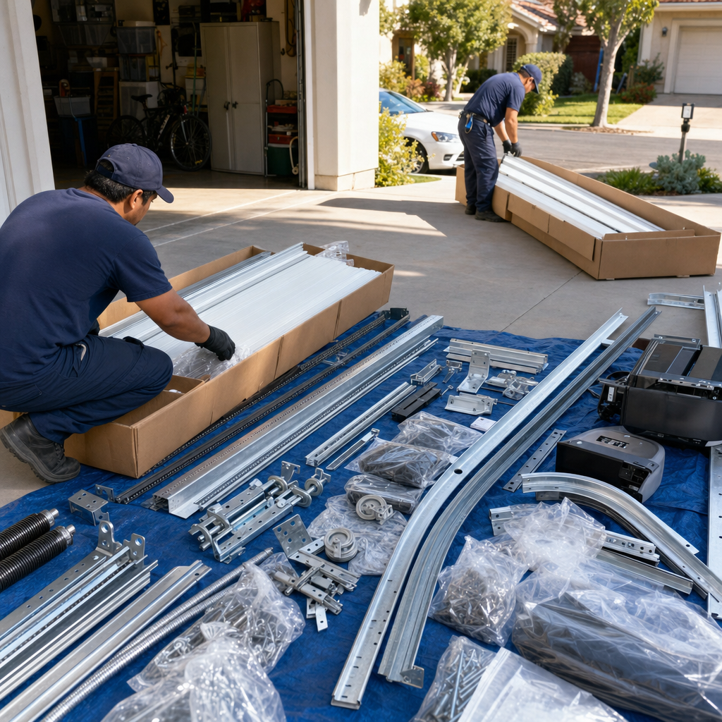 Garage door installation professional with components laid out on a tarp.