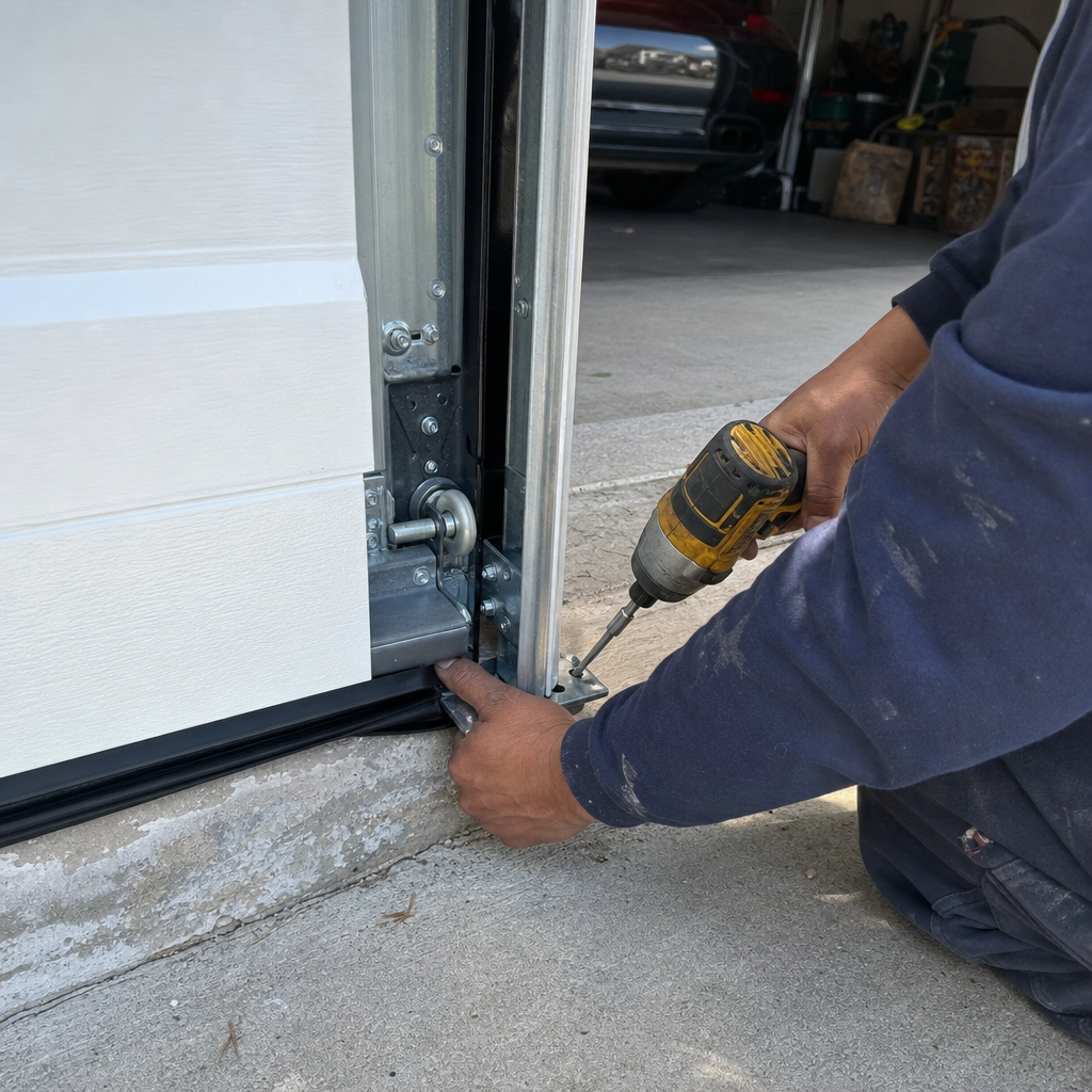 Garage door installation service professional working on a door