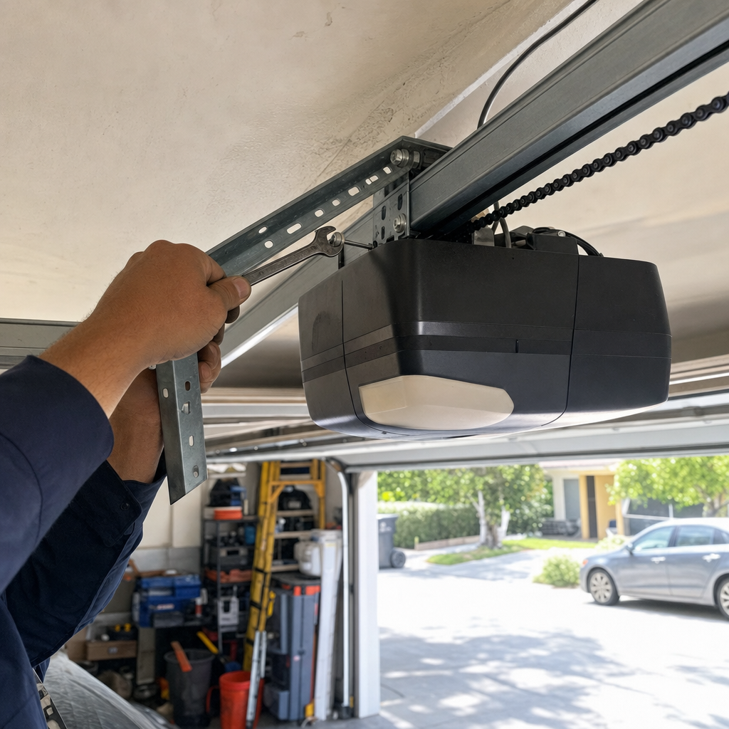 Technician installing garage door opener mechanism with wrench