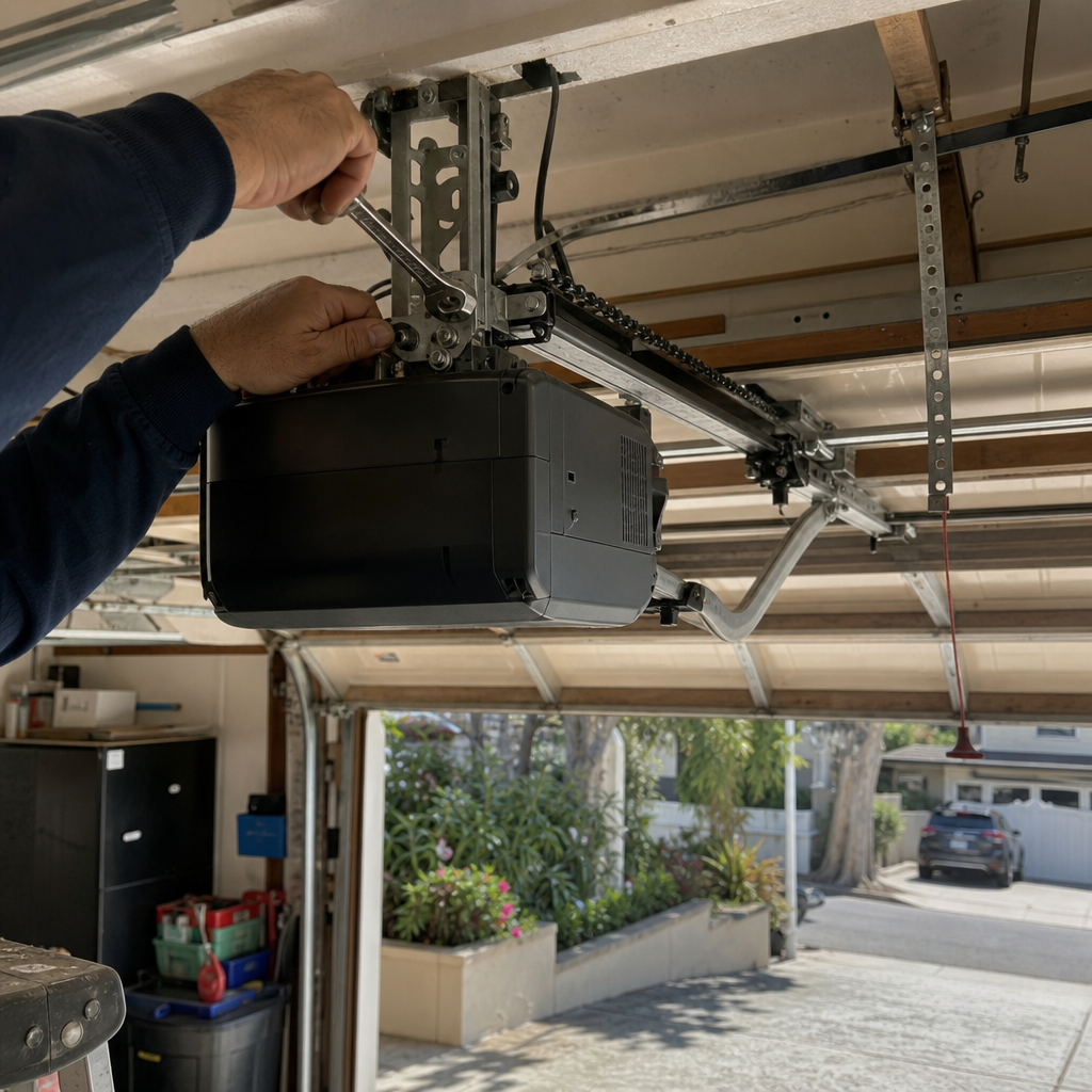 Professional installing or repairing a garage door opener system with a wrench.