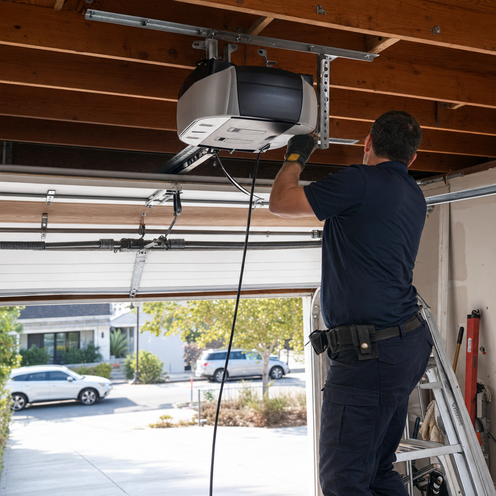 Professional installing a garage door opener system