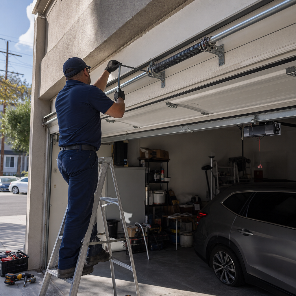 Technician repairs garage door spring with tools