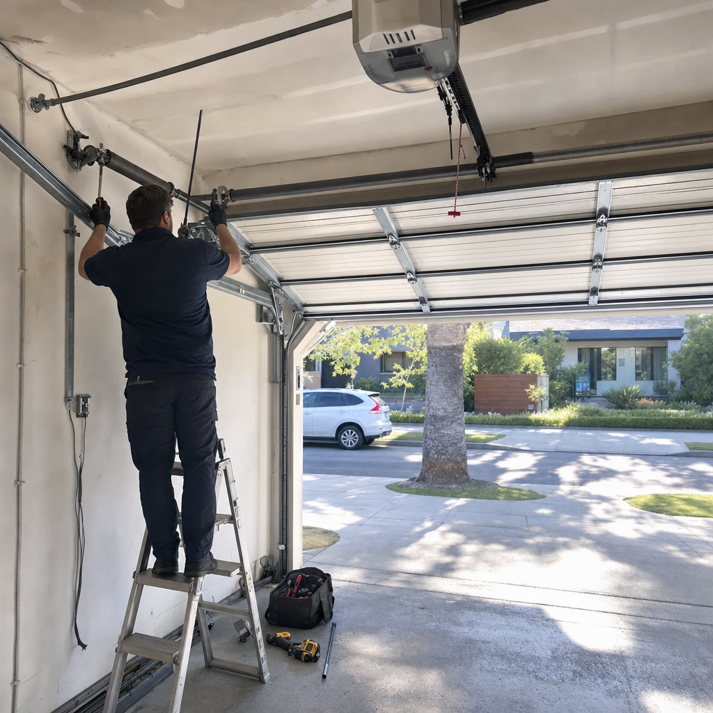 Garage door repair technician working on spring system