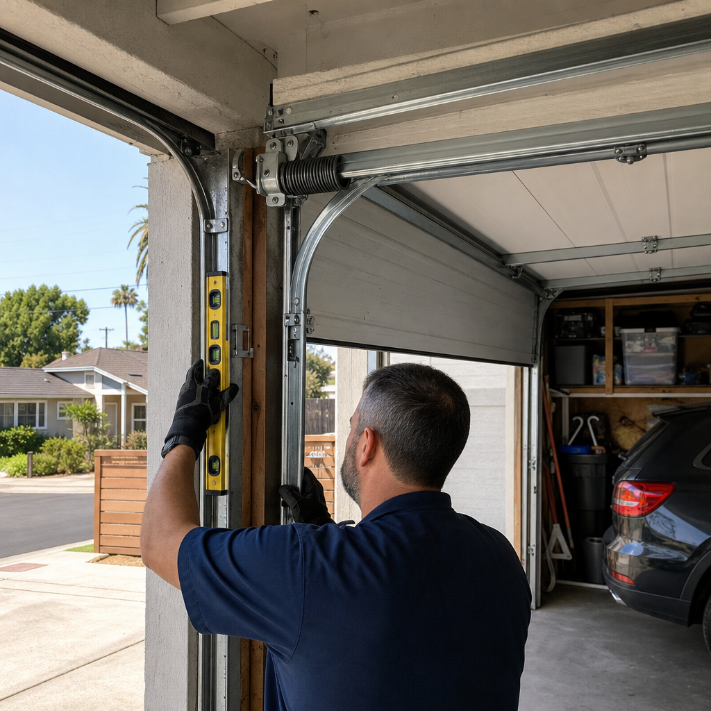Garage door repair technician uses level on track installation