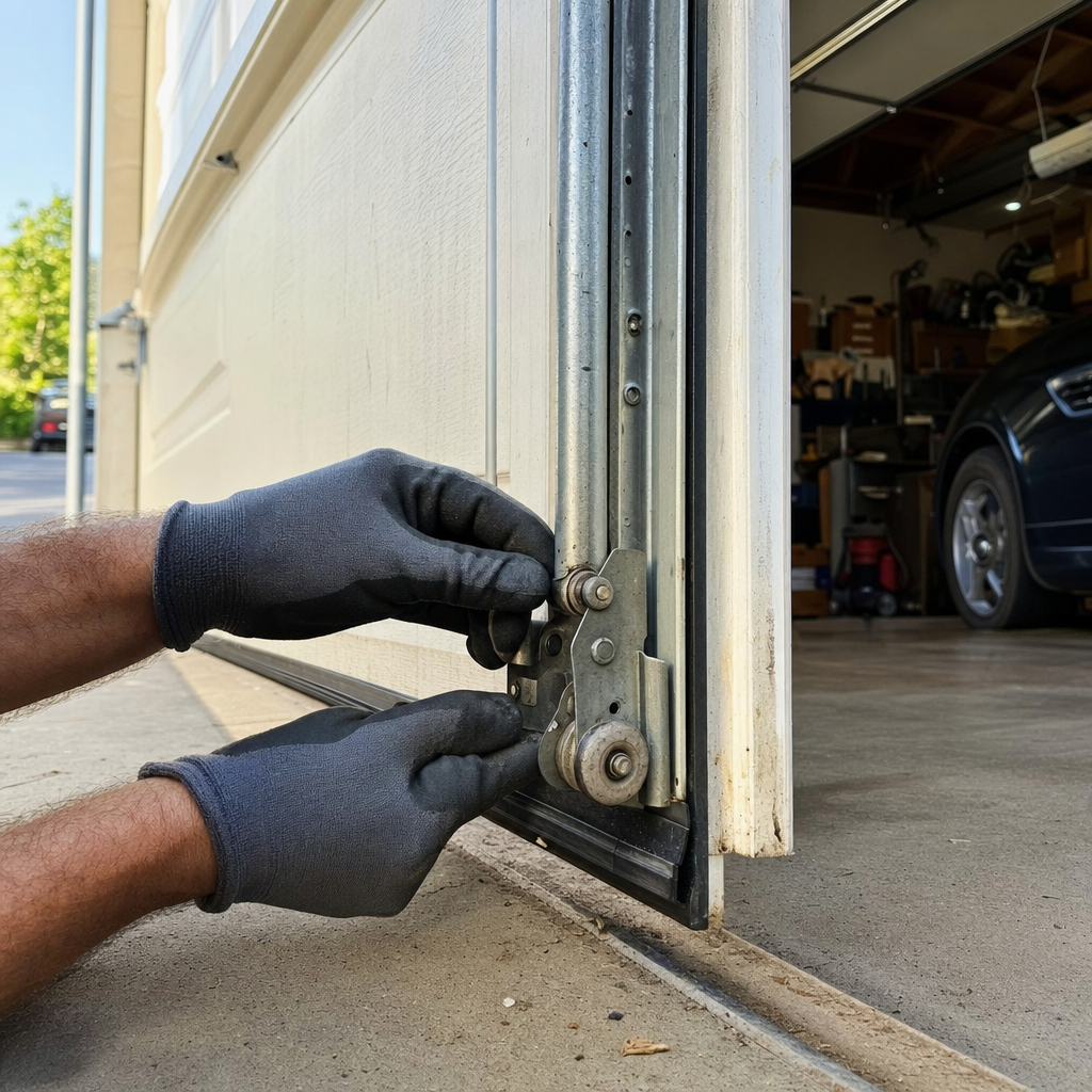 Professional adjusts garage door roller during emergency repair service. in Commerce, CA
