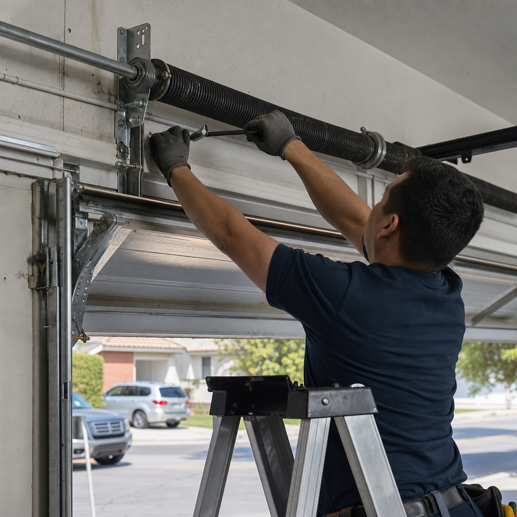 Garage door technician performs emergency repair on spring system in Commerce, CA