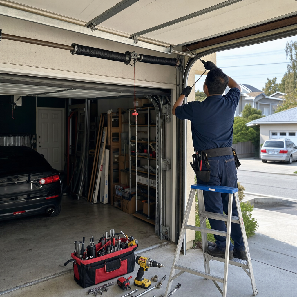 Garage door technician repairs torsion spring with tools on ladder in Downey, CA
