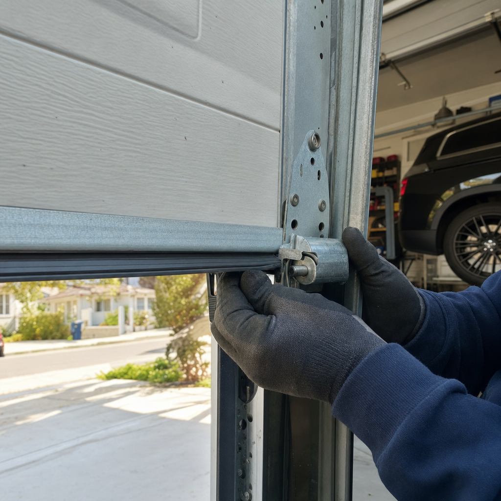 Garage door professional installing roller on track in Commerce, CA