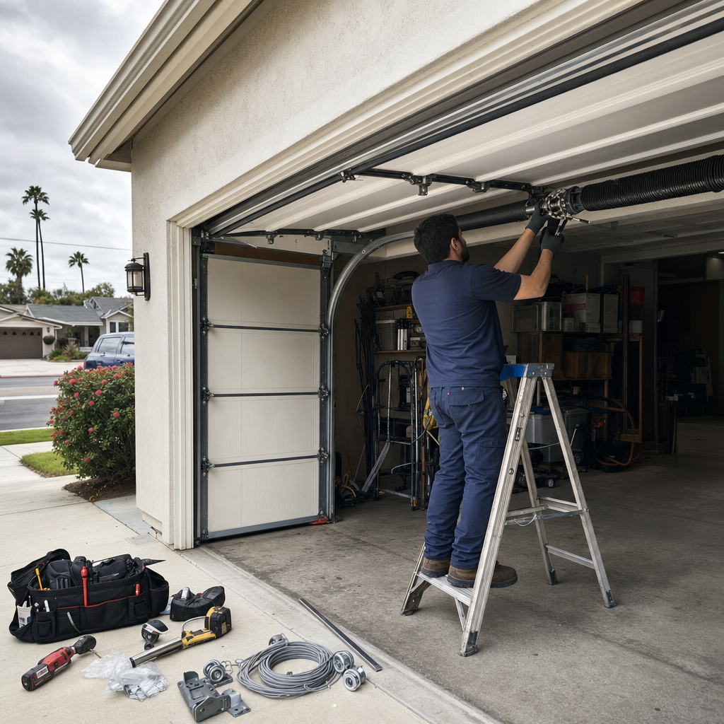 Garage door technician installing torsion spring system on garage door. in Commerce, CA